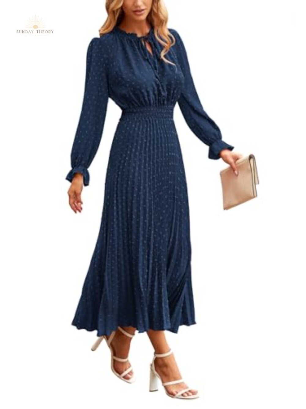 Women's Swiss Dot Midi Dress Long Sleeve Tie V Neck A-Line Flowy Wedding Guest